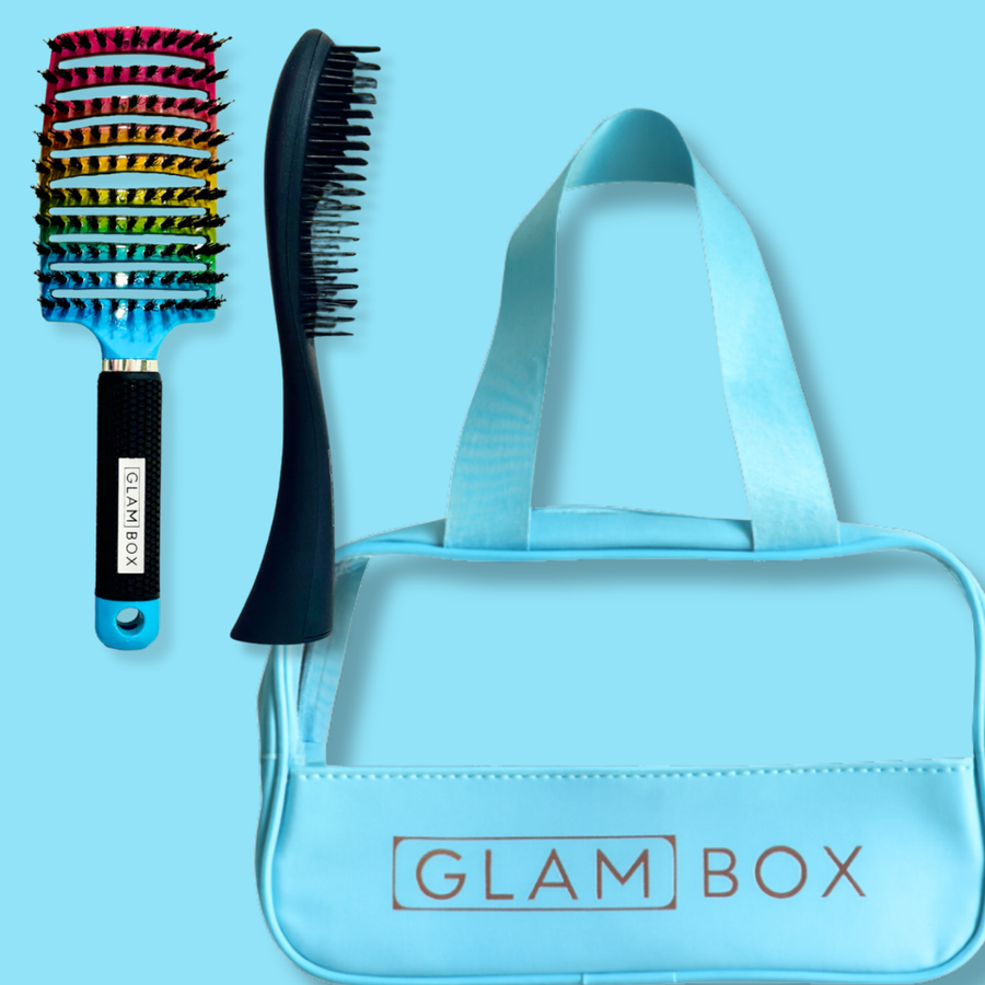 Glam Box Travel Bag Sky with Rainbow Miracle & Black Detangler Brush Bestie