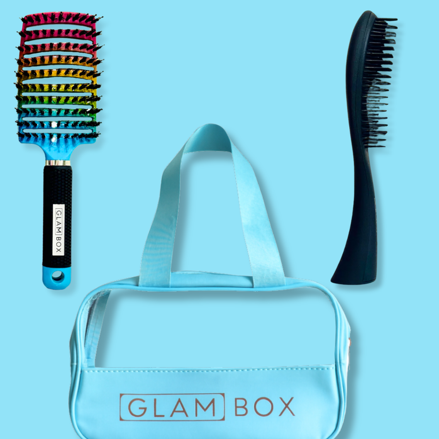 Glam Box Travel Bag Sky with Rainbow Miracle & Black Detangler Brush Bestie