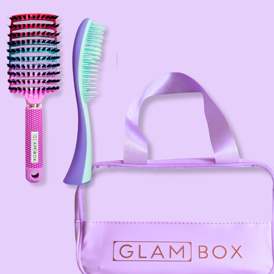 Glam Box Travel Bag Lavender with Unicorn Miracle & Lilac Detangler Brush Bestie