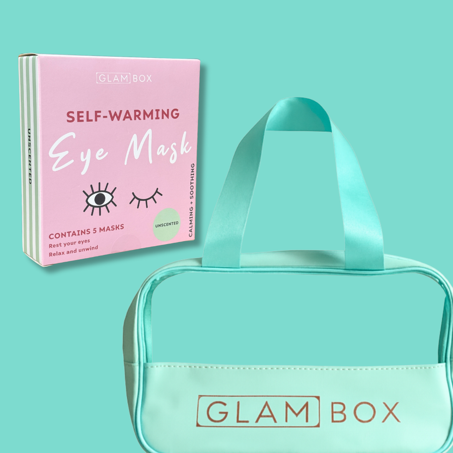 Glam Box Travel Bag Ocean & Self Warming Eye Mask Unscented Bestie Bundle