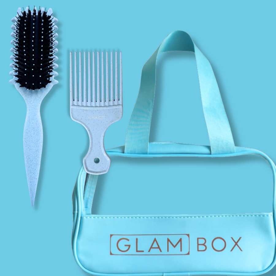 Glam Box Travel Bag Sky with Sky Curl Brush & Bluebell Afro Comb Bestie