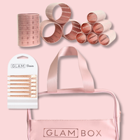Glam Box Travel Bag Rose with Glam Thermal Velcro Roller Pink Large & Small & Rose Gold Flat Sectioning Clips Bundle