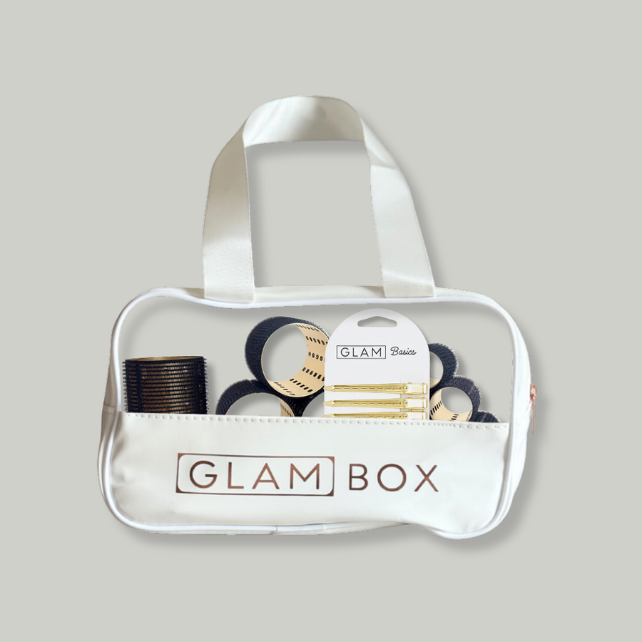 Glam Box Travel Bag Snow with Glam Thermal Velcro Roller Black Large & Small & Gold Flat Sectioning Clips Bundle