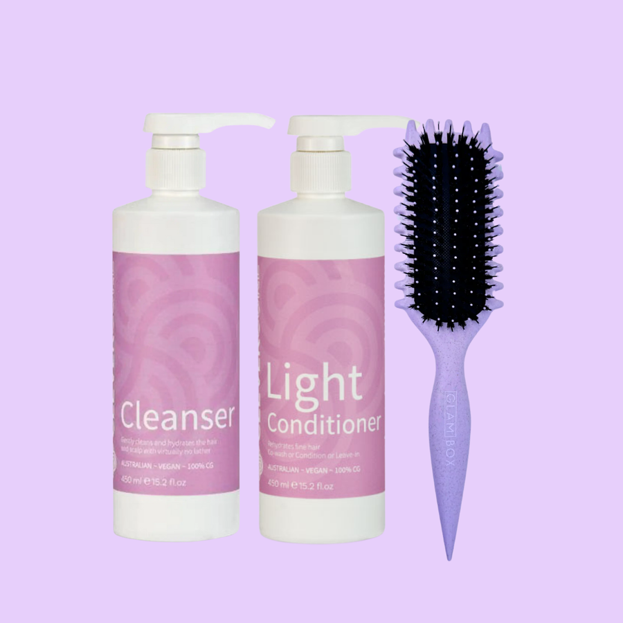 Clever Curl Cleanser & Light Conditioner 450ml & Lavender GB Travel Bag & Curl Brush BESTIE BUNDLE